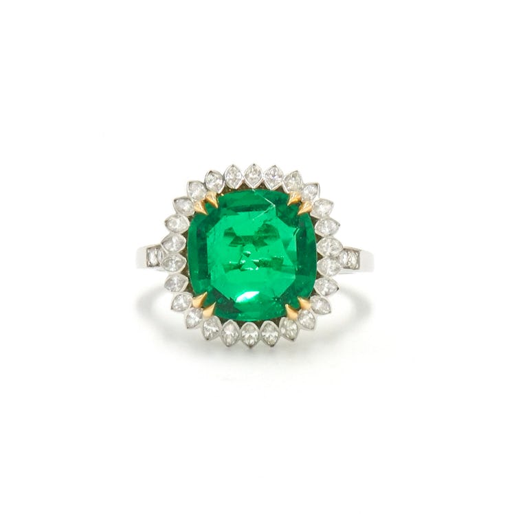 A vintage Cushion Colombian Emerald and Diamond Ring by Fred Leighton