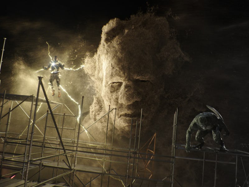 Electro floating in front of the sandman from the movie spider-man no way home