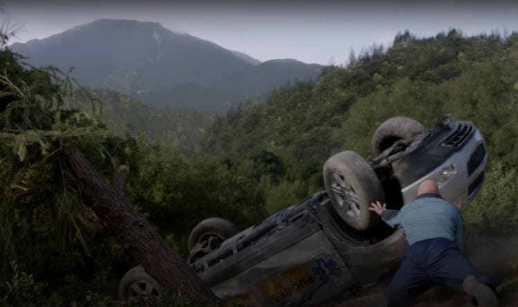 Hayes watching Owen and the car fall off a cliff in 'Grey's Anatomy' Season 18, Episode 8