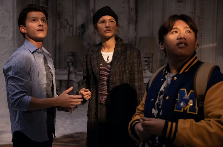 Tom Holland as Peter Parker, Zendaya as MJ, and Jacob Batalon as Ned Leeds in 'Spider-Man: No Way Ho...