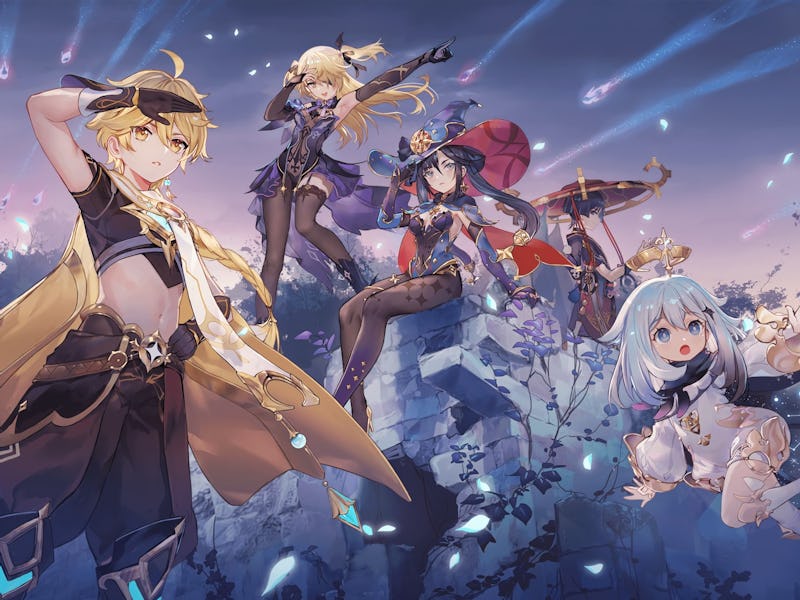 The Traveler, Mona, and Fischl from Genshin Impact