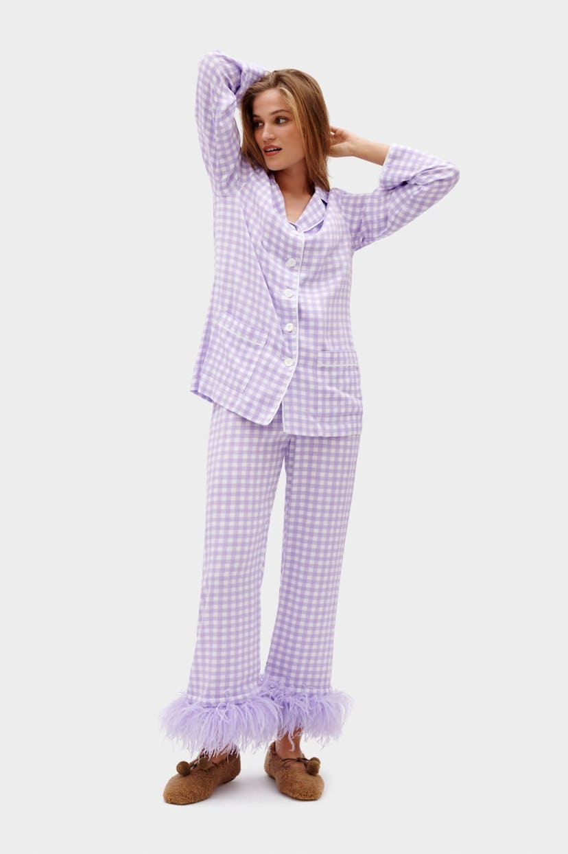 Party Pajamas Set with Feathers in Lavender Vichy