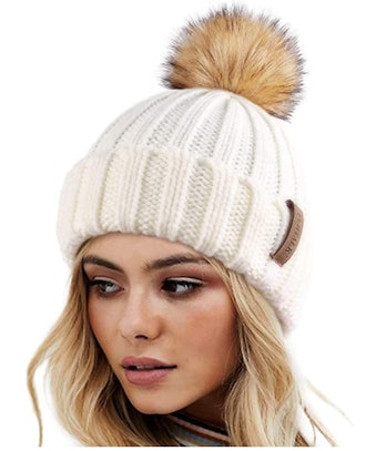 FURTALK Knitted Beanie Hat with Faux Fur Pom 