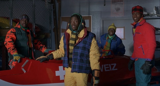 The Jamaican Olympic bobsled team stands at attention in Cool Runnings