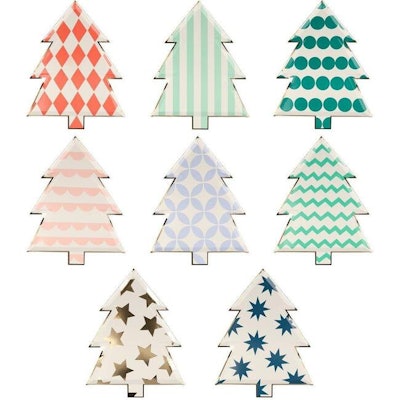 Patterned paper plates shaped like Christmas trees