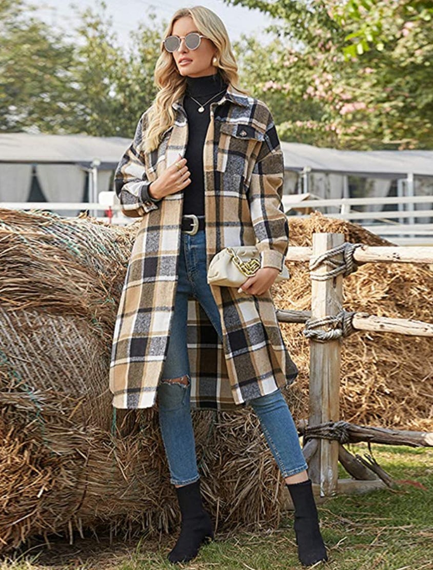 PUWEI Long Plaid Shacket