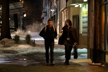 Jeremy Renner and Hailee Steinfeld walking together in Hawkeye Episode 2