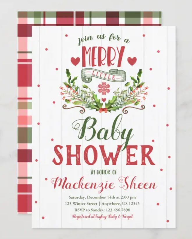 front and back of Christmas-themed baby shower invitation