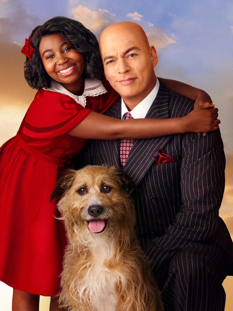 L-R: Celina Smith as Annie, Sandy as Sandy the dog, and Harry Connick, Jr. as Daddy Warbucks in 'Ann...