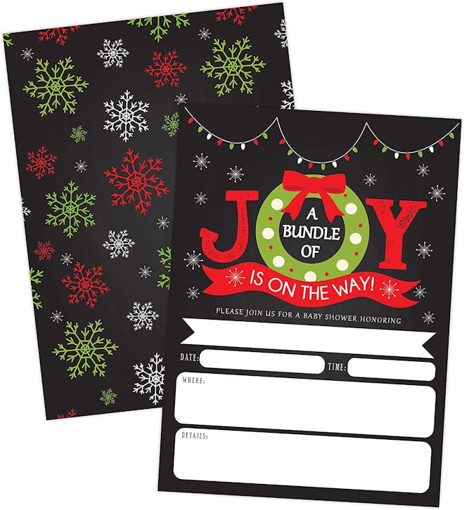 Front and back view of Christmas-themed baby shower invite