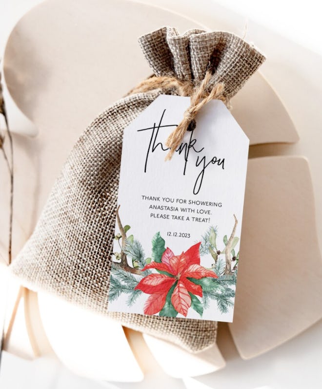 Favor bag with a Christmas-themed thank you tag