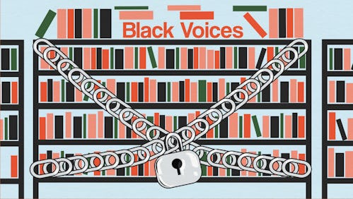 A banner that has Black Voices written on top, showing book shelves with a crossed over chain and a ...