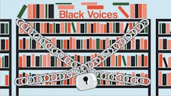 A banner that has Black Voices written on top, showing book shelves with a crossed over chain and a ...