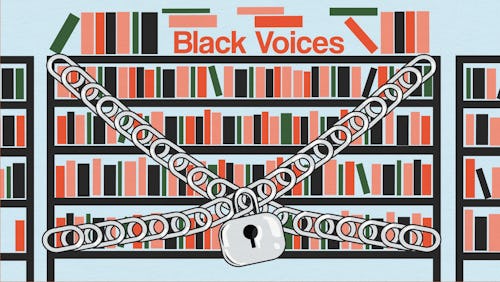 A banner that has Black Voices written on top, showing book shelves with a crossed over chain and a ...
