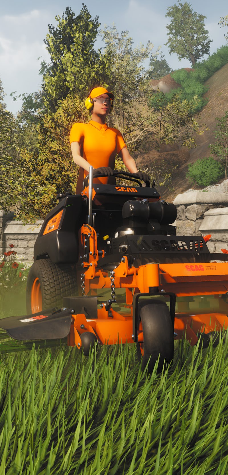 A character in a lawn mowing simulator 