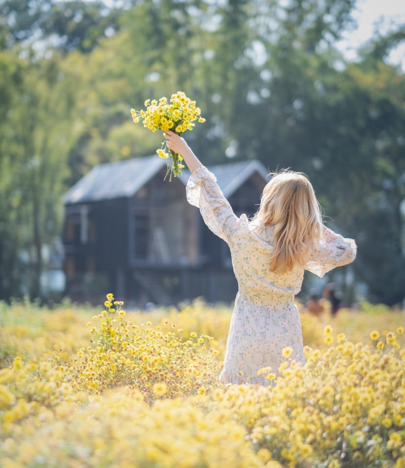 woman picking flowers in a meadow at sunset