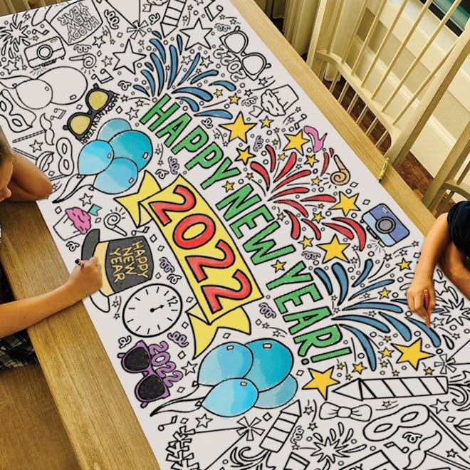 Giant coloring page that says "2022" with other New Year's designs 
