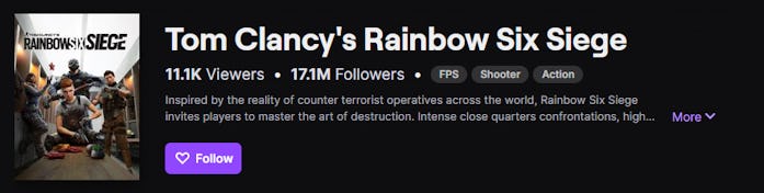 Screenshot showing that Tom Clancy's Rainbow Six Siege has 11,100 viewers total on Twitch as of Dece...