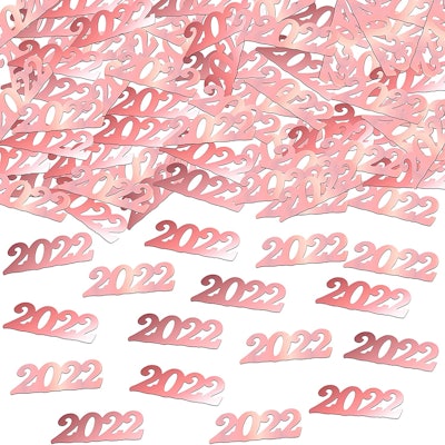 Rose gold confetti that says "2022"