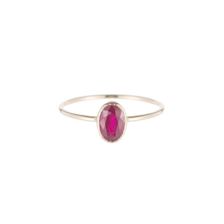 An oval ruby engagement ring by Jennie Kwon
