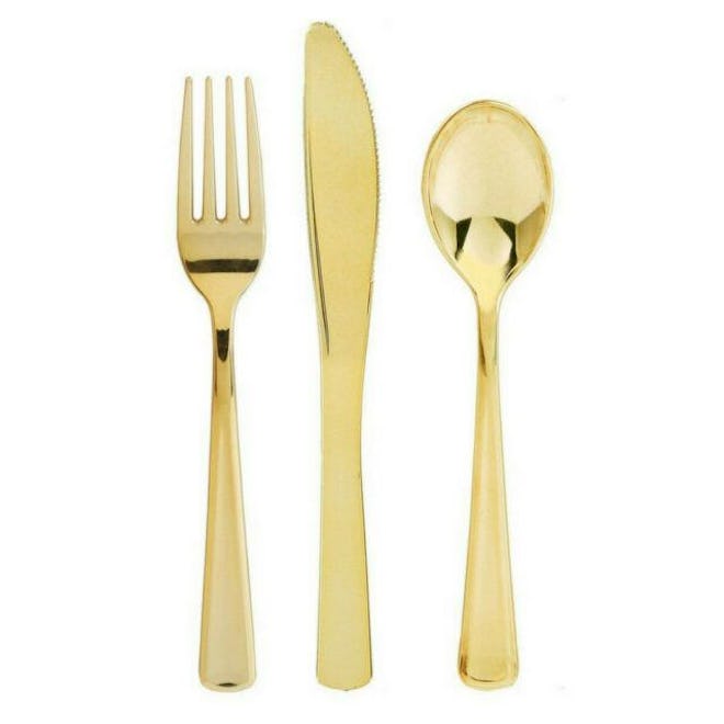 Gold plastic fork, spoon, and knife