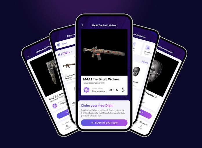 5 smartphones showing Ubisoft Quartz app with a weapon skin NFT, pants NFT and helmet NFT