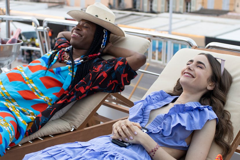 Jeremy O. Harris as Gregory Elliot Dupree, Lily Collins as Emily in episode 202 of Emily in Paris vi…