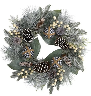 Snow Tipped Holiday Artificial Wreath with Berries, Pine Cones and Ornaments