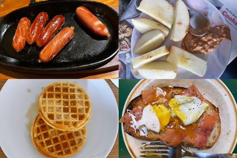 Collage: berkshire sausages, apples with peanut butter, salmon and egg on toast, and Eggo waffles.