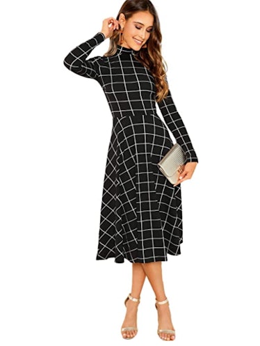 Floerns High Neck Plaid Fit and Flare Midi Dress
