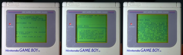 Three images of green Game Boy screens showing Wikipedia page text for the entry of "Game Boy"