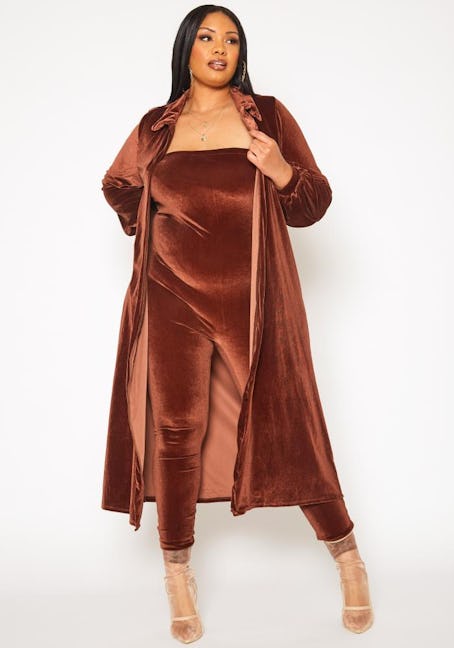 Plus Size Velvet Jumpsuit & Duster Cardigan Set