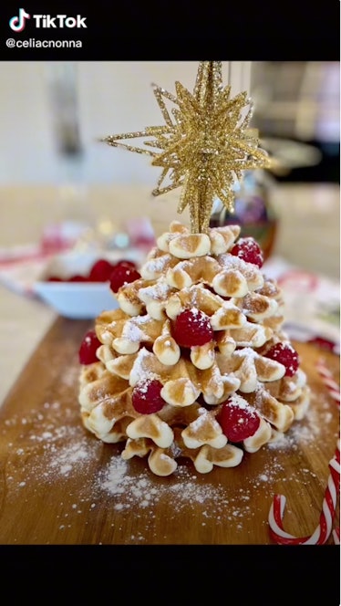 A waffle Christmas tree is one of the best Christmas Morning breakfast recipes from TikTok.
