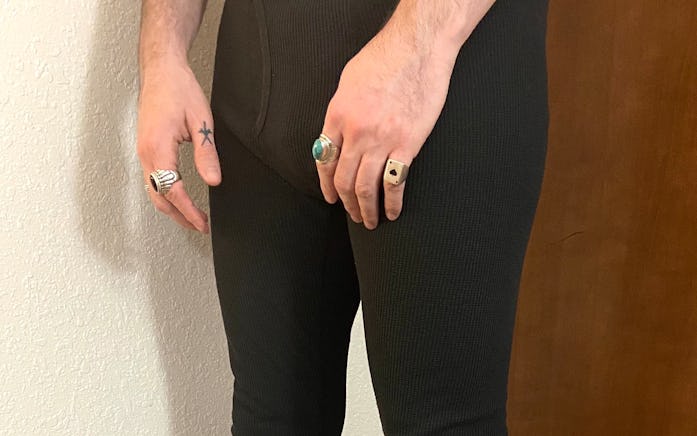 Author side view wearing thermal legging underwear