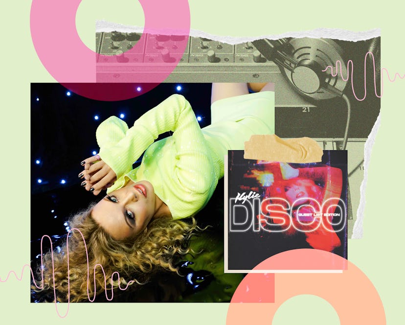 Kylie Minogue in a green shirt on her album cover next to another album that says disco on it