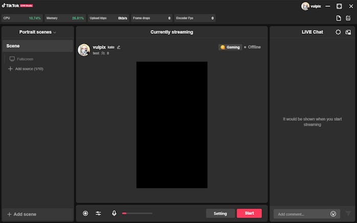 A screenshot of Tiktok Live Studio desktop app in Offline mode. The app offers portrait and landscap...