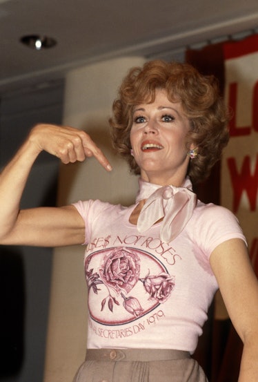 Jane Fonda wearing a t-shirt advocating for workers’ rights  