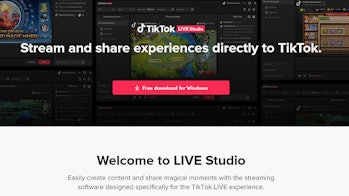 Screenshot of TikTok Live Studio download page on TikTok website. Text reads: Stream and share exper...