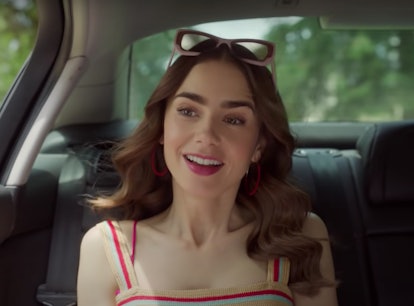 Emily from 'Emily in Paris' sits in a car for Season 2, which has a Duolingo promotion this season.