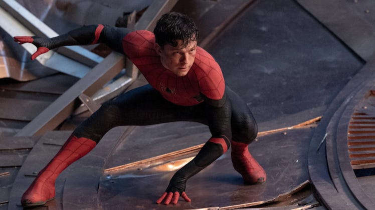 Tom Holland in a Spider-Man costume in Spider-Man No Way Home 