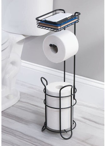 mDesign Freestanding Toilet Paper Roll Stand and Dispenser with Shelf