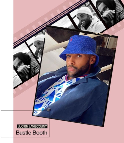A collage of Lucien Laviscount's selfie with a blue bucket hat and a film of his black and white pho...
