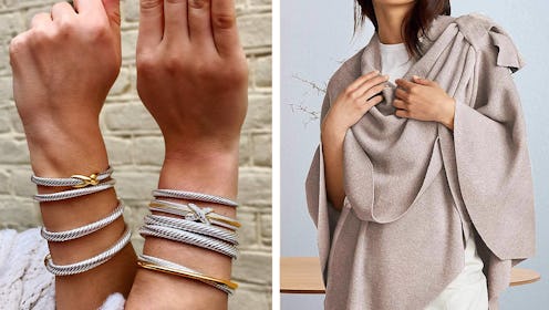 Elegant set of bangle bracelets and Puli Cross Front Poncho Sweater