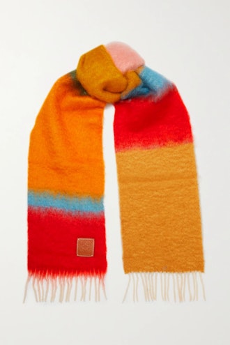 Leather-Trimmed Fringed Striped Scarf   Loewe