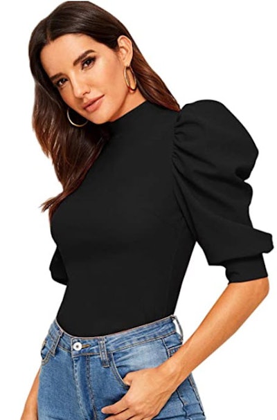 Romwe Puff Half Sleeve Top With Keyhole Back