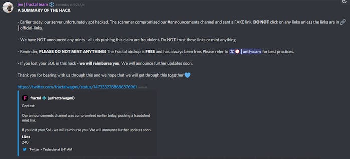 Screenshot from Fractal's Discord server. Message from Jen on the Fractal team says "Earlier today, ...