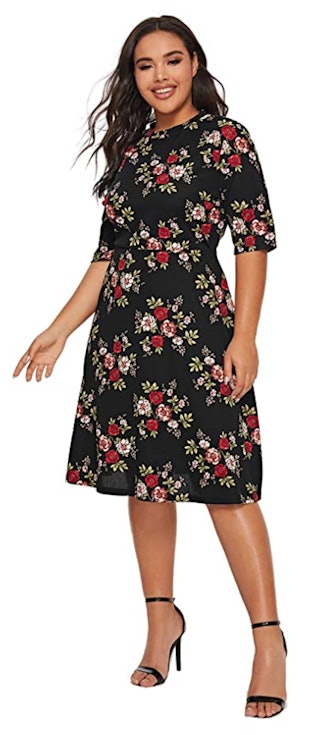 Romwe Plus Size Elegant Floral Print Fit & Flare A Line Midi Dress