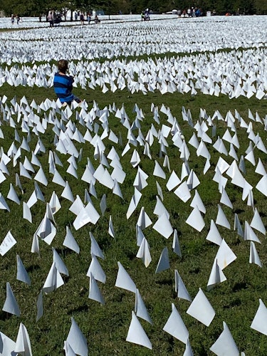 A child sits in the flags of the 'In America: Remember' public art installation near the Washington ...