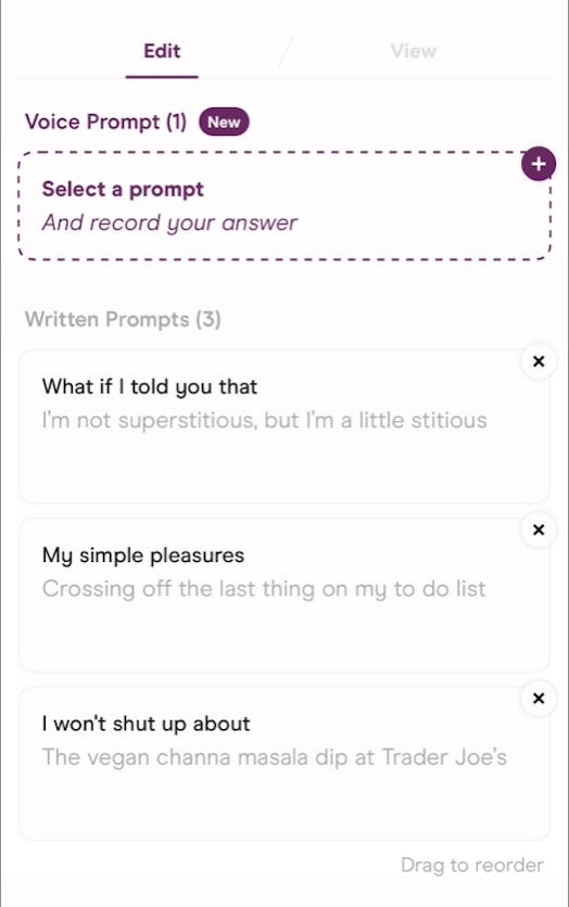 A screenshot of the prompts on Hinge.