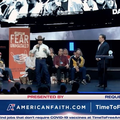 Screenshot from the online broadcast of the ReAwaken America event in Dallas, Texas.